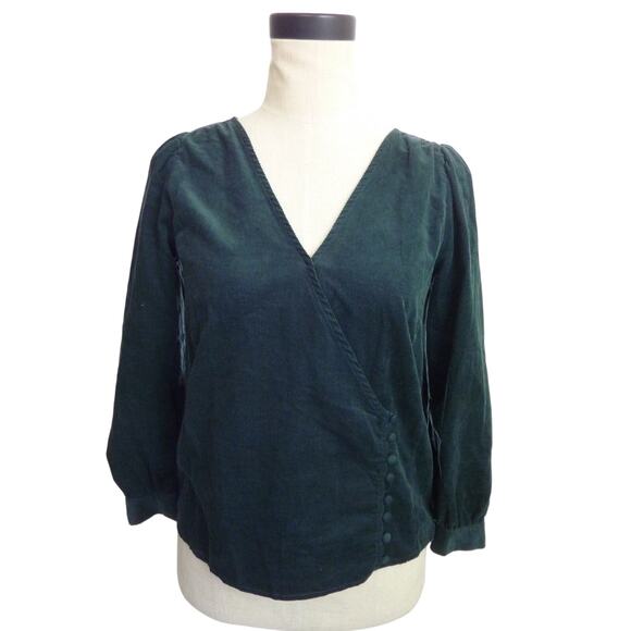 Madewell Corduroy Kinston Side-Button Wrap Top XXS Green Finewale Blouse - Picture 1 of 7